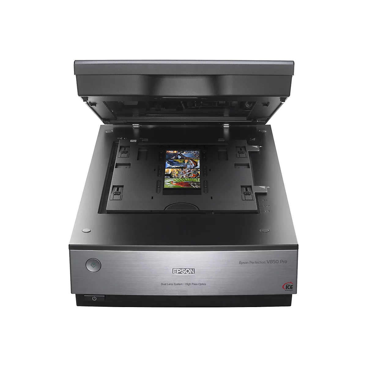 Ein Epson-Scanner, geÃ¶ffnet. Die Scan-OberflÃ¤che zeigt Dias, der Deckel ist angehoben.