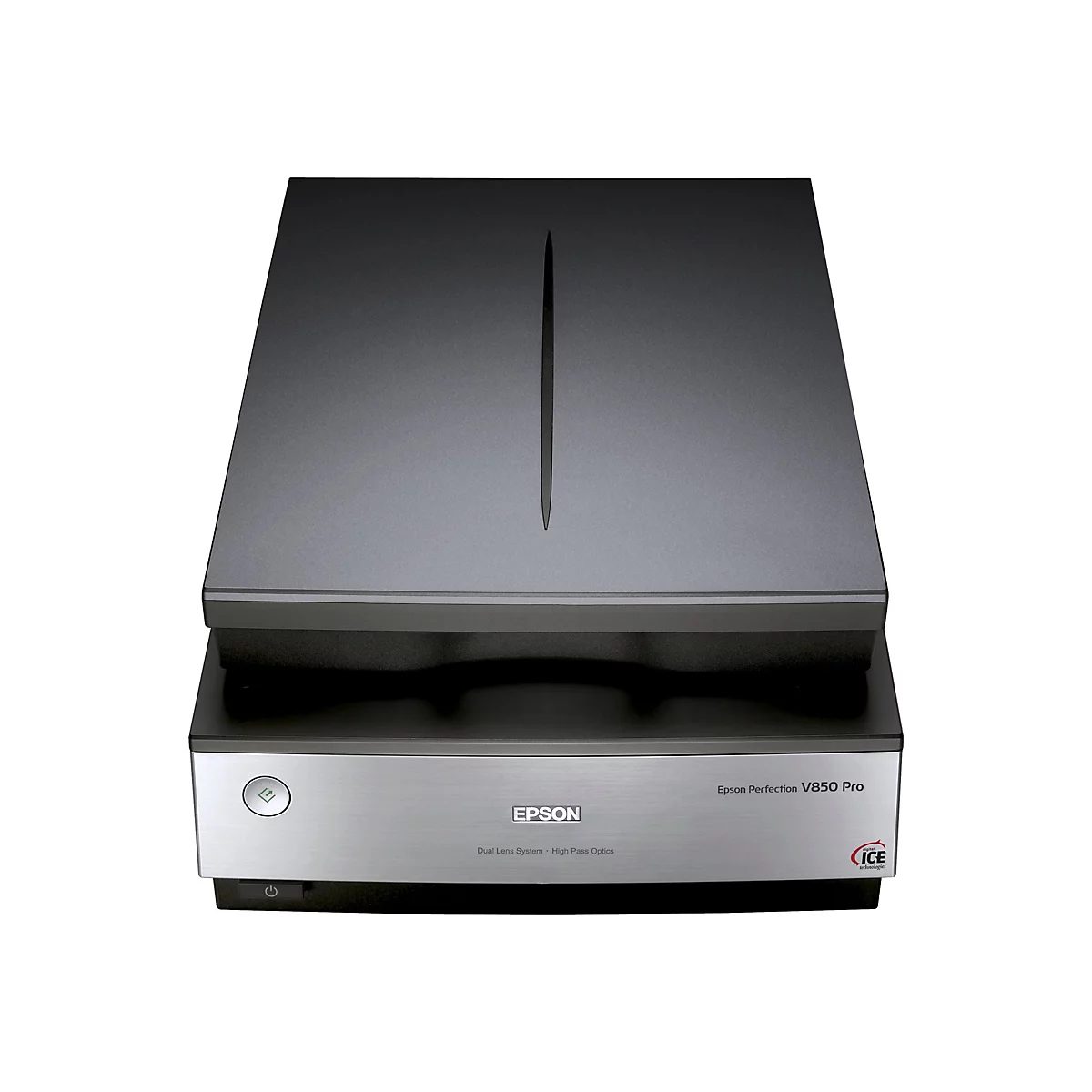 Epson Perfection V850 Pro Scanner, grau-silber. Schwarze Oberseite mit Schlitz, Epson-Logo und Modellbezeichnung.