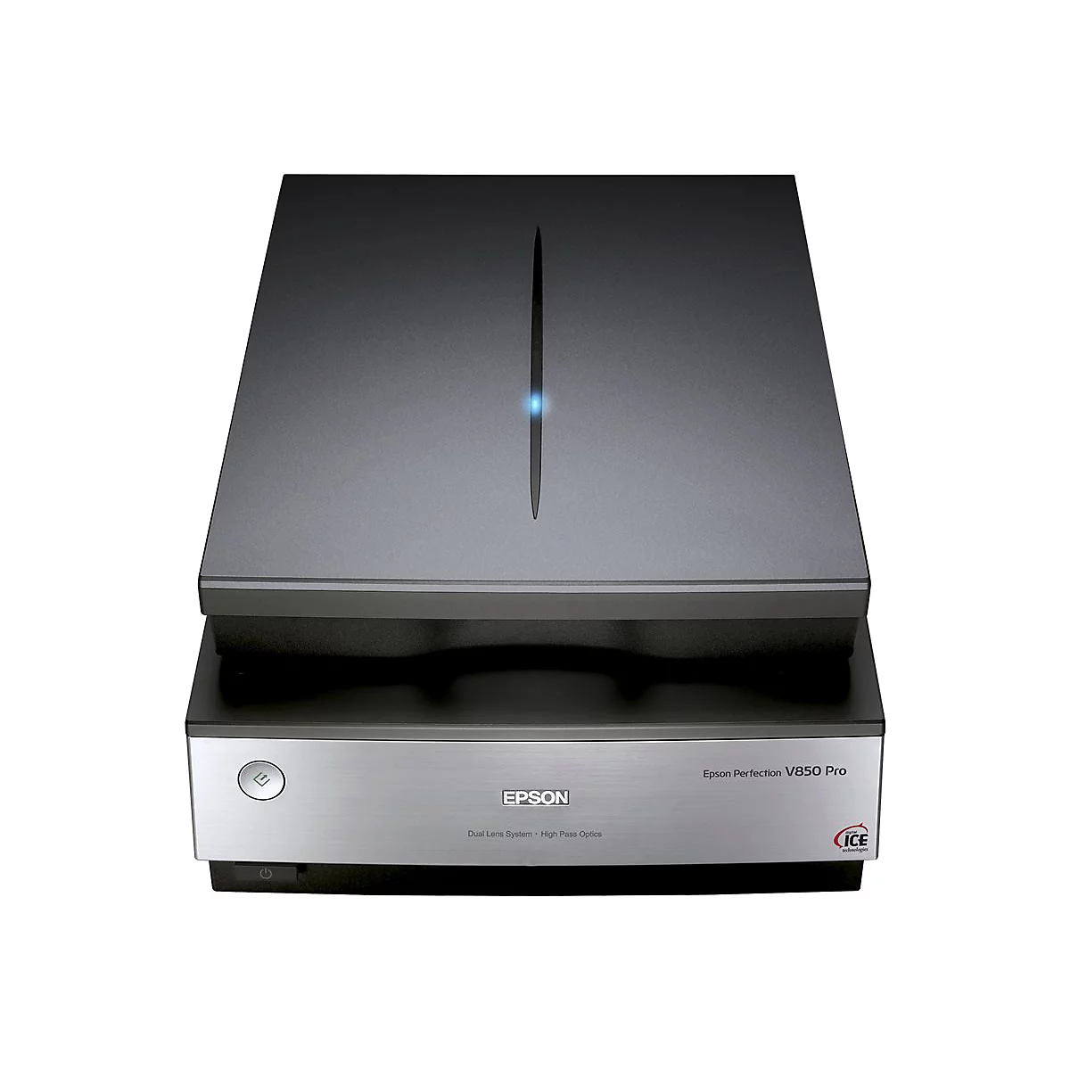 Ein Epson Perfection V850 Pro Scanner. Schwarzes Oberteil, silberne Unterseite. Blaue Linie und LED.