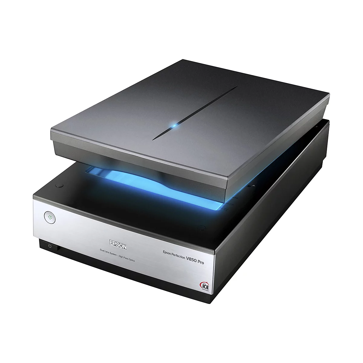 Ein Epson Scanner, der Deckel ist geÃ¶ffnet und von innen blau beleuchtet.