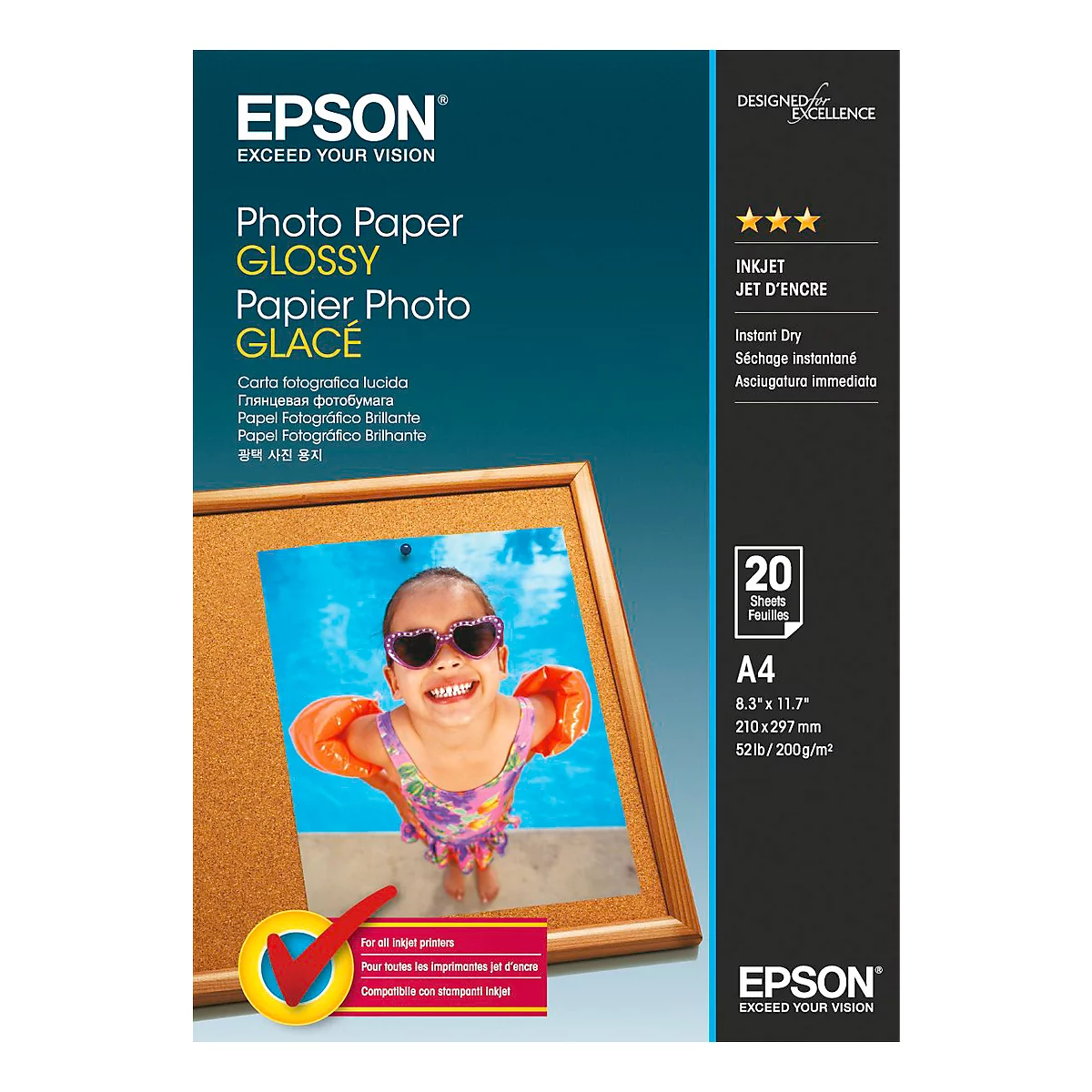 Epson photo paper pack. A happy child with sunglasses is shown in a picture attached to a corkboard.