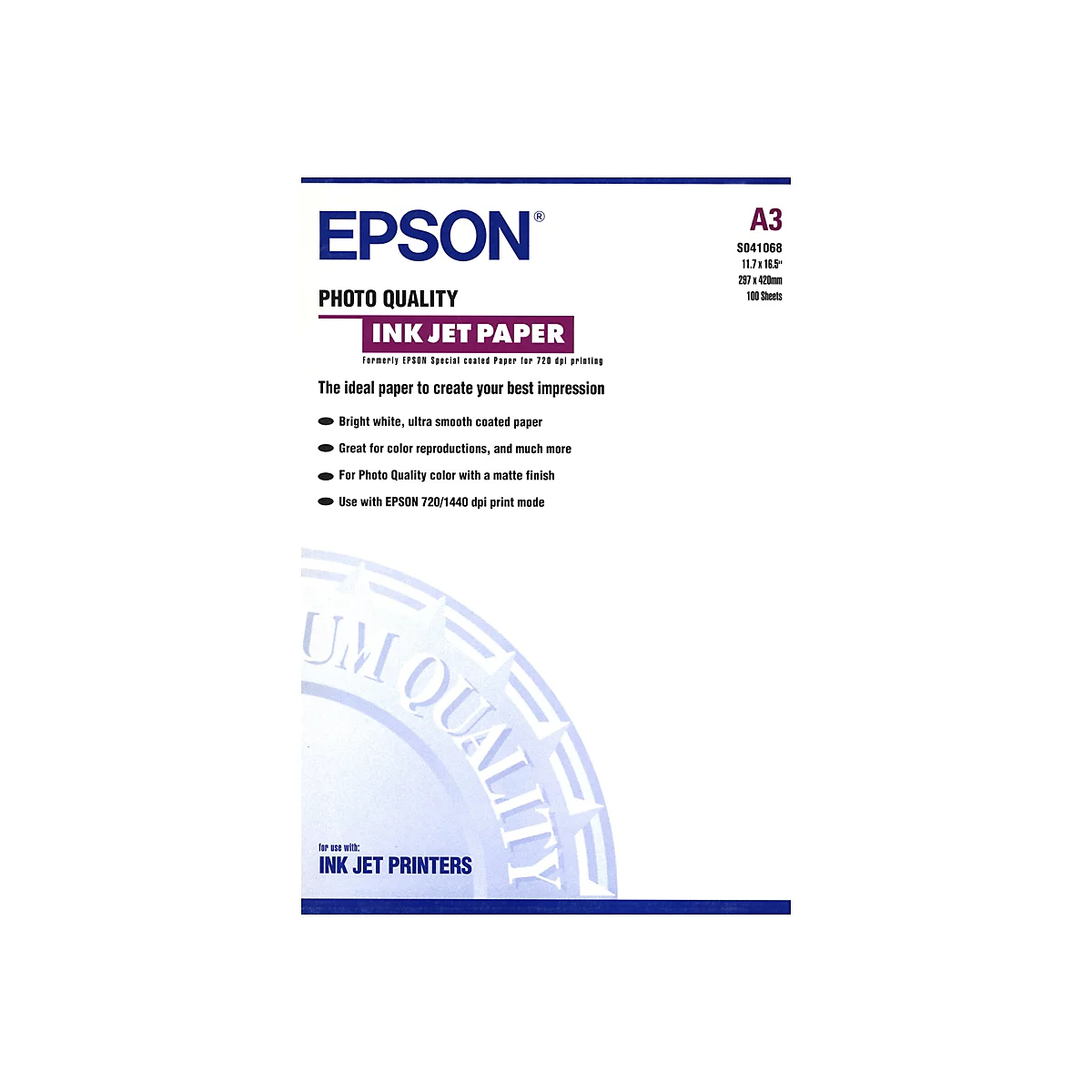 Epson A3 Fotopapier Verpackung mit Produktinformationen und Logo auf weißem Grund.