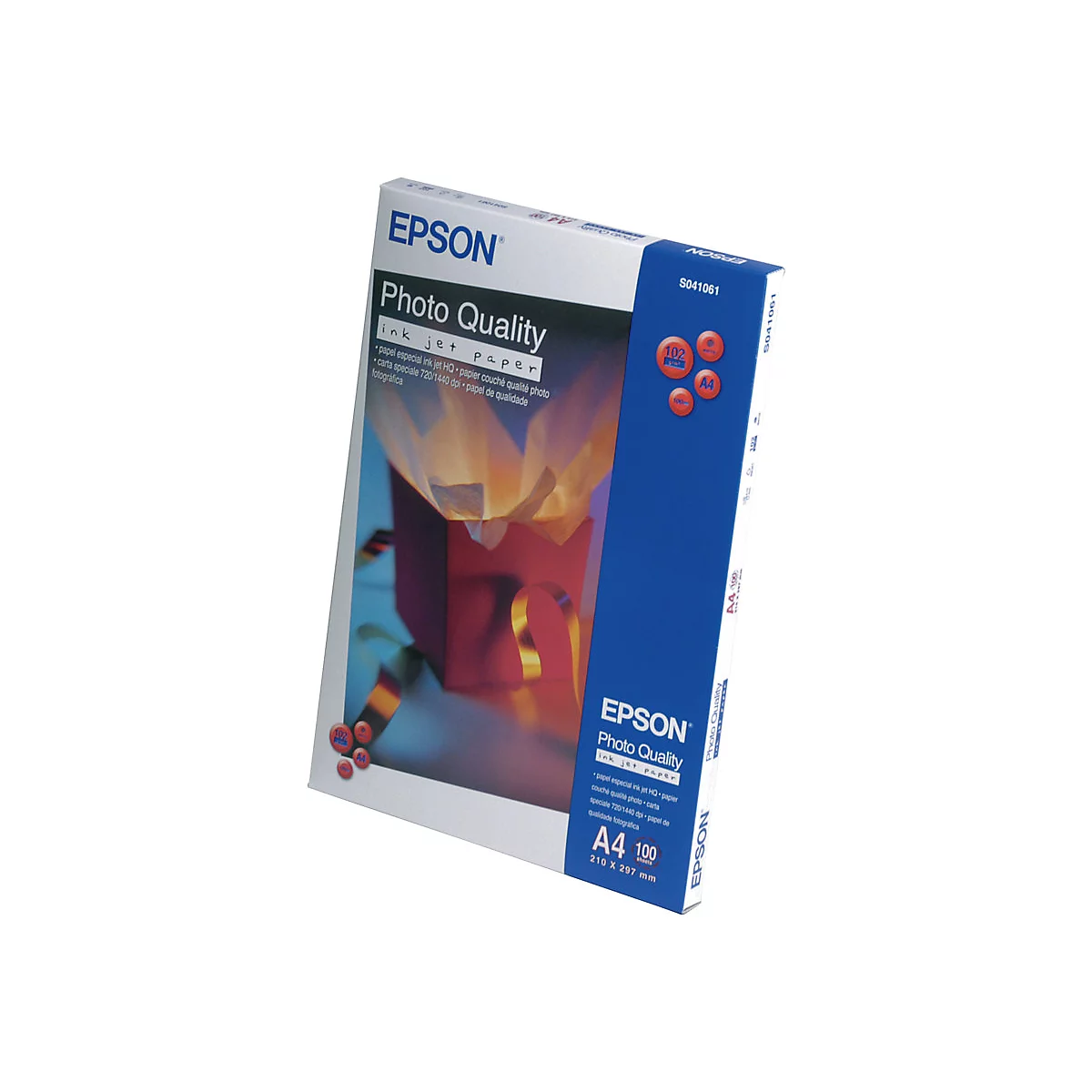 Epson Photo Quality Ink Jet Papier A4 Verpackung vor weißem Hintergrund.