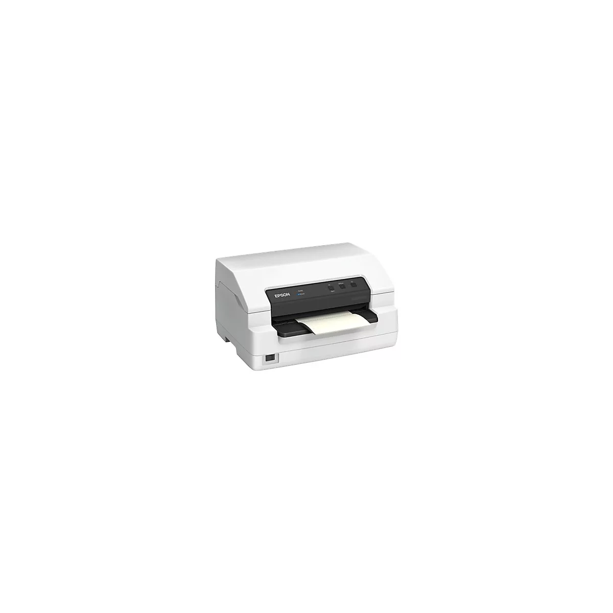 WeiÃŸer Drucker mit Epson-Logo. Ein Blatt Papier ragt aus der Ã–ffnung. Oben befinden sich KnÃ¶pfe und Anzeigen.