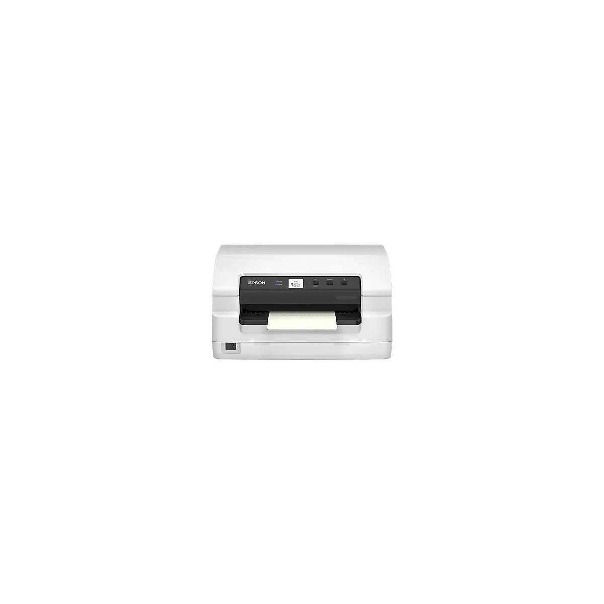 Weißer Drucker, Papierausgabe vorne, schwarzes Bedienfeld mit Epson-Logo und Knöpfen.