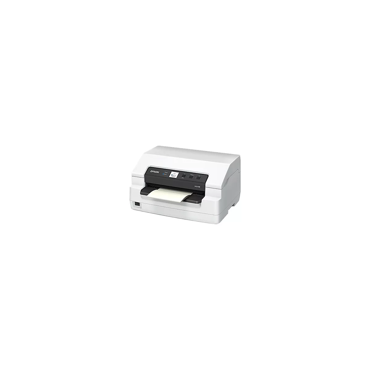 Weißer Drucker mit schwarzem Bedienfeld. Papier wird ausgeworfen. Auf dem Bedienfeld ist das Epson Logo und die Bezeichnung PLD-50W zu sehen.