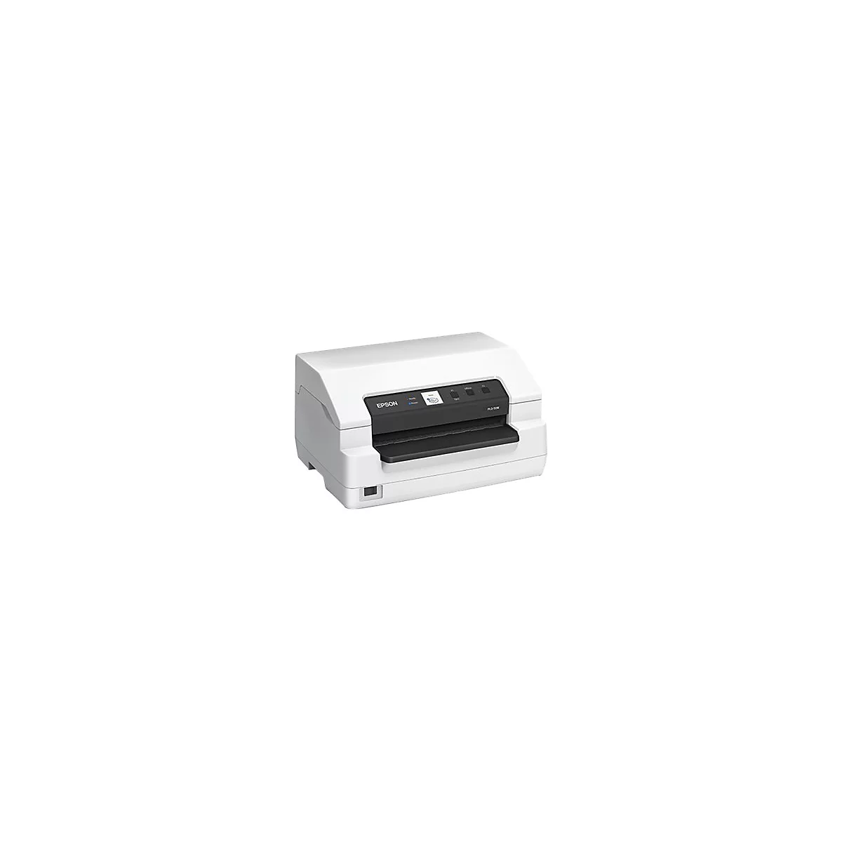 Weißer Drucker, Epson Logo. Bedientasten auf schwarzer Oberfläche. Modell PL-D500.