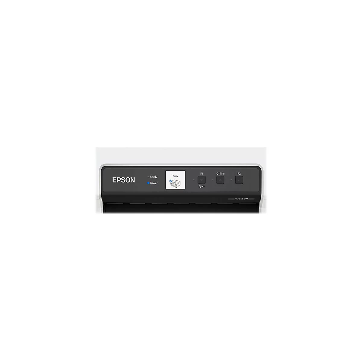 Nahaufnahme des Bedienfelds eines Epson-Druckers mit "Ready"-Anzeige, blaues Power-Licht.