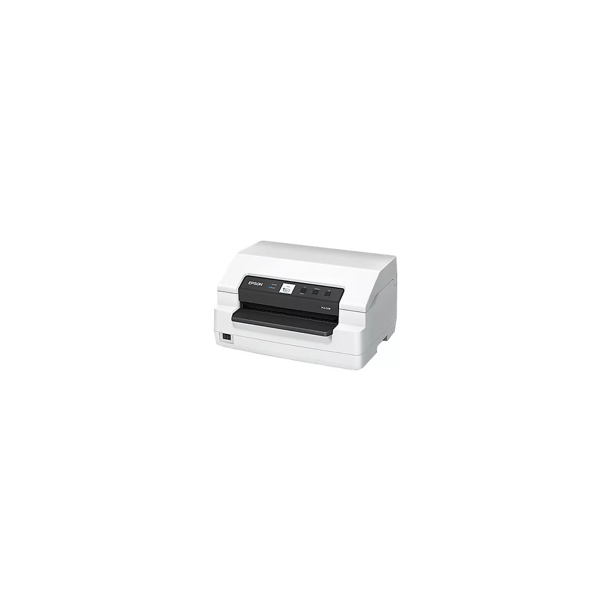 Weißer Drucker mit schwarzem Bedienfeld und Epson-Logo. Auf der Vorderseite befindet sich ein Ein-/Ausschalter.