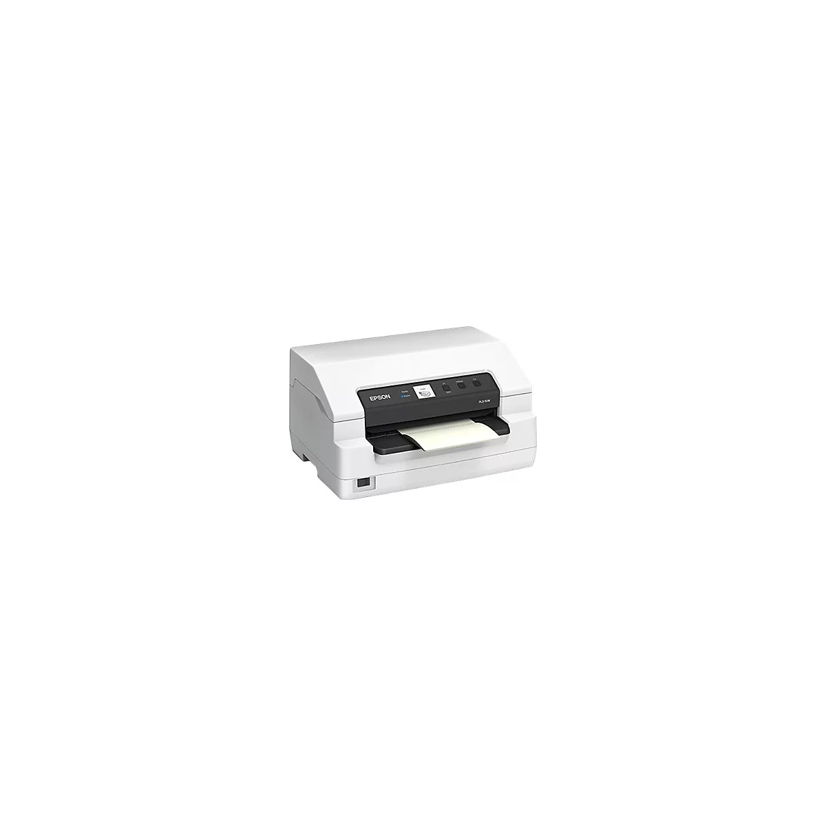 Weißer Epson Etikettendrucker, Papierausgabe vorne. Schwarzes Bedienfeld mit Logo und LED-Leuchten.