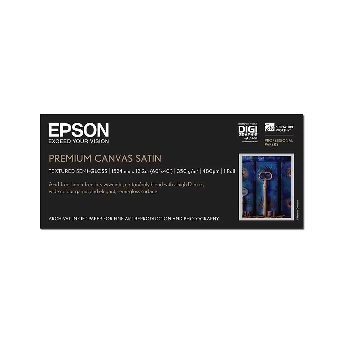 Epson Premium Canvas Satin Verpackungsdesign mit technischen Produktdetails und einem Beispielbild eines antiken Schlüssels.