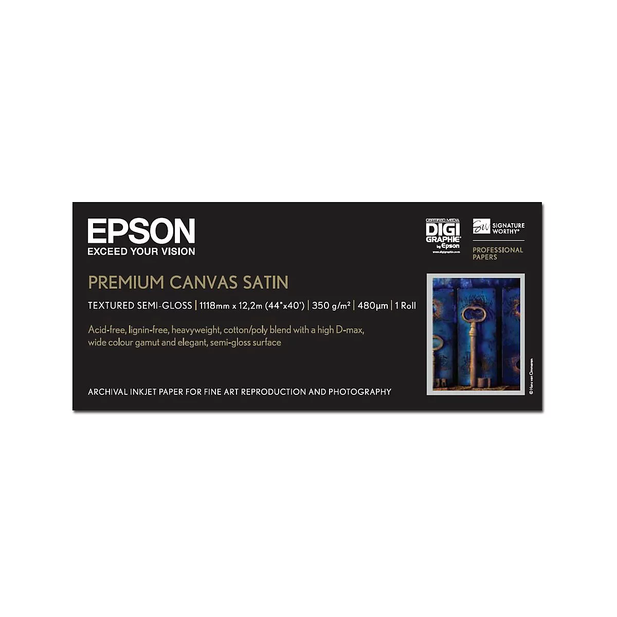 Epson Premium Canvas Satin Produktverpackungsetikett mit Spezifikationen und einem kleinen Bild eines Schlüssels.