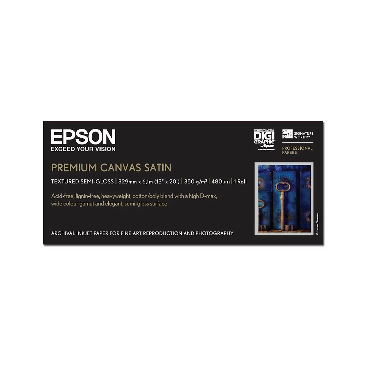 Epson Produktetikett für Premium Canvas Satin mit technischen Angaben und einem Beispielbild eines Schlüssels.