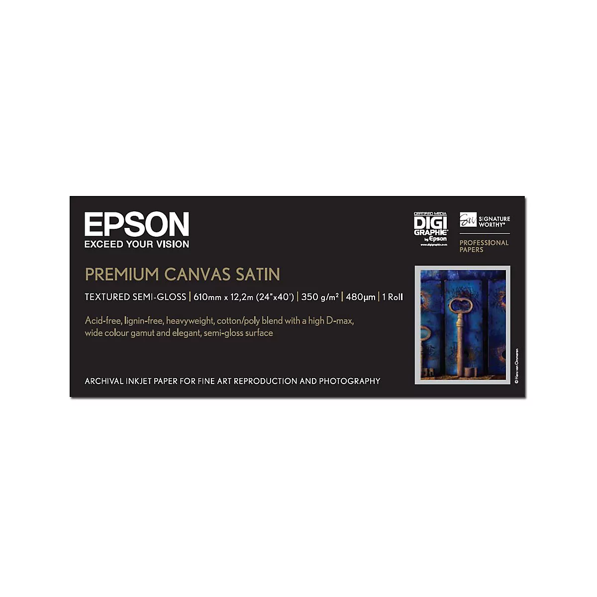 Epson Premium Canvas Satin Produktverpackung mit technischen Daten und einem blauen Kunstdruck-Motiv.
