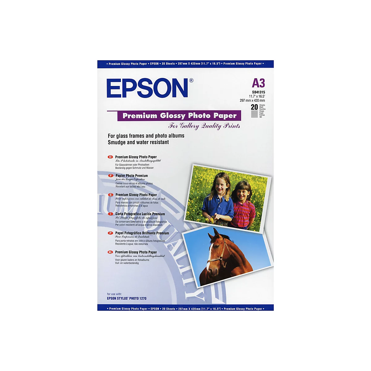 Epson A3 Premium Glossy Fotopapier Verpackung mit Produktinformationen und Beispielfotos.