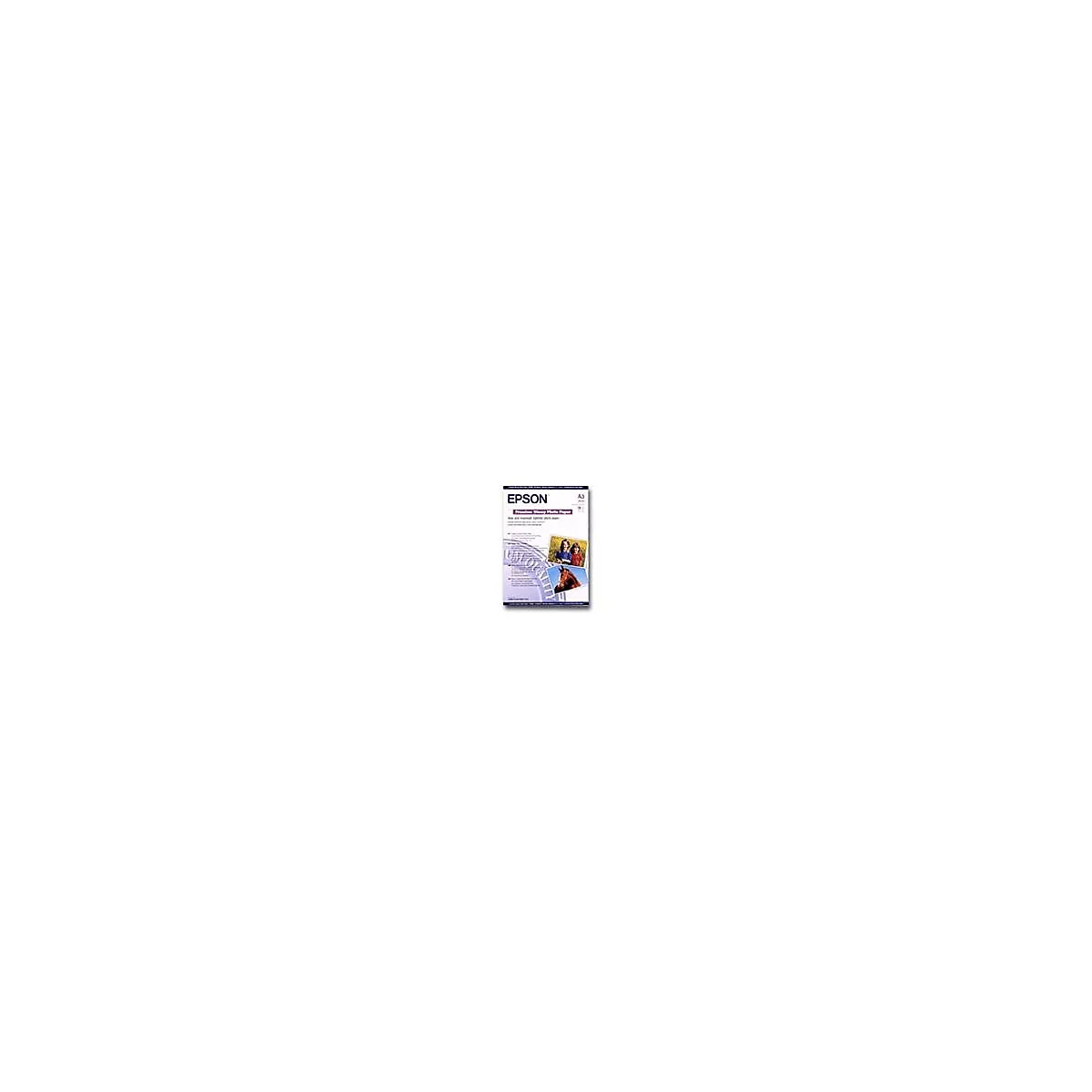 Epson Premium Glossy Fotopapier Verpackung im A3 Format mit Beispielbildern von Kindern und einem Pferd.