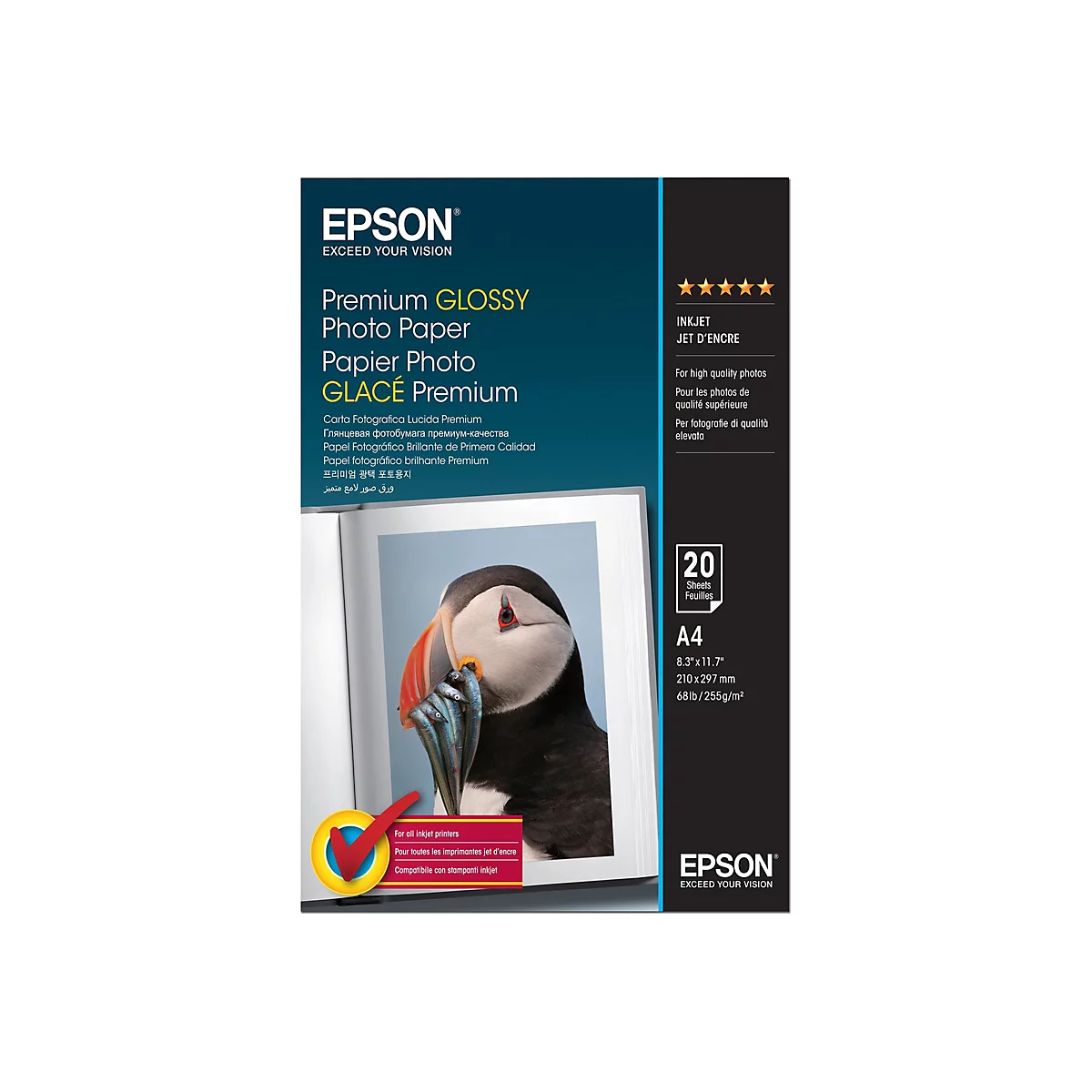 Epson Premium Glossy Fotopapier A4 Packung mit 20 Blatt und Papageientaucher-Motiv.
