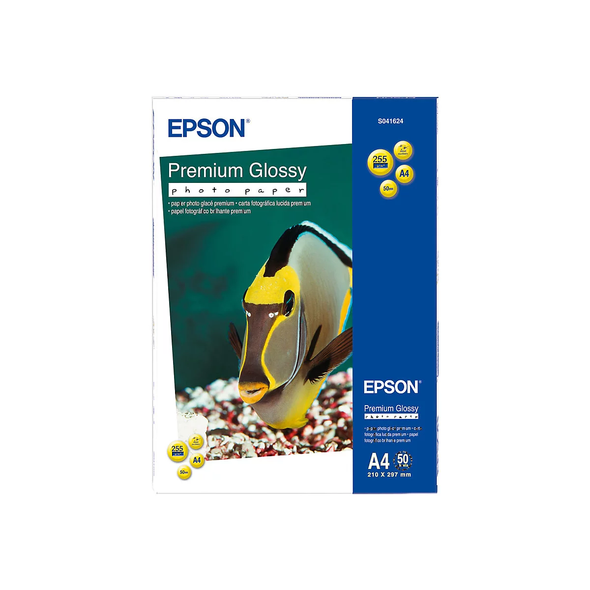 Epson Premium Glossy Fotopapier A4 Packung mit Bild eines Fisches.