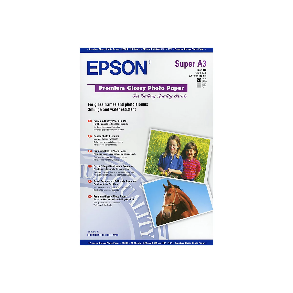 Produktverpackung Epson Premium Glossy Photo Paper Super A3 mit Beispielbildern von Kindern und einem Pferd.