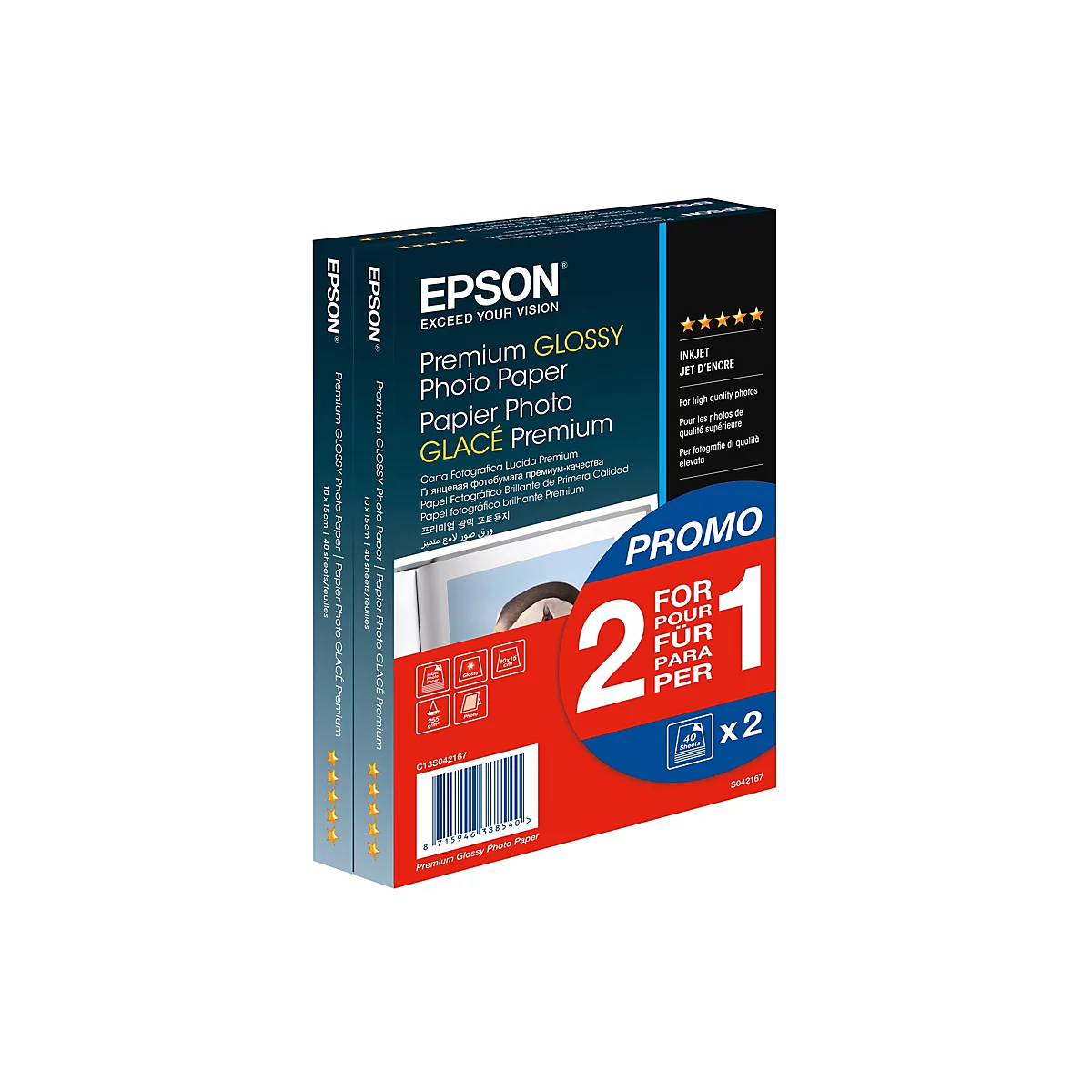 Epson Premium Glossy Fotopapier, 2-für-1-Aktion, 10x15cm, 40 Blatt pro Packung.