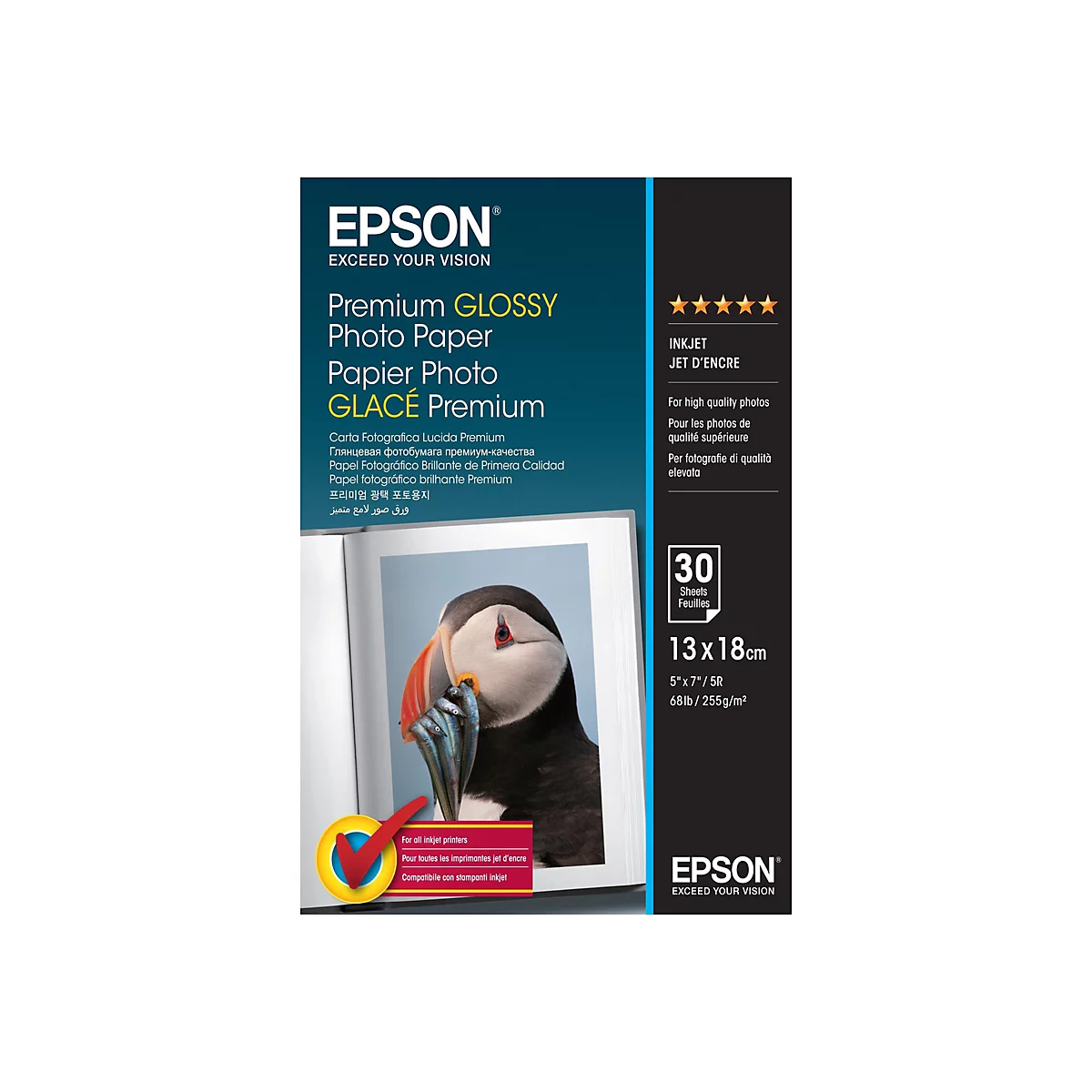Epson Premium Hochglanz-Fotopapier, 13x18cm, mit 30 Blatt, zeigt einen Papageientaucher mit Fischen im Schnabel.