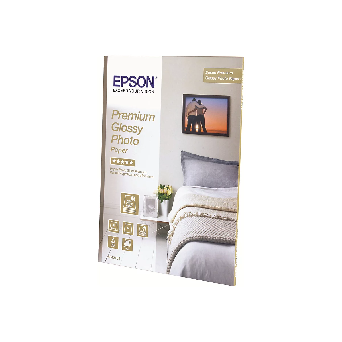 Epson Premium Glossy Photo Paper Verpackung mit Produktbild in Schlafzimmerumgebung.