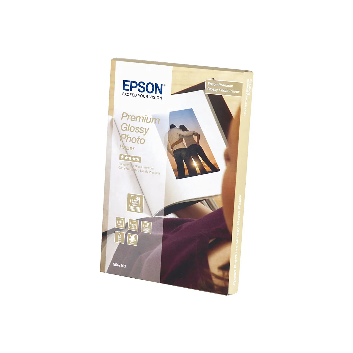Epson Premium Glossy Fotopapier Verpackung, 10x15cm, 40 Blatt, mit Bild eines Paares am Strand.