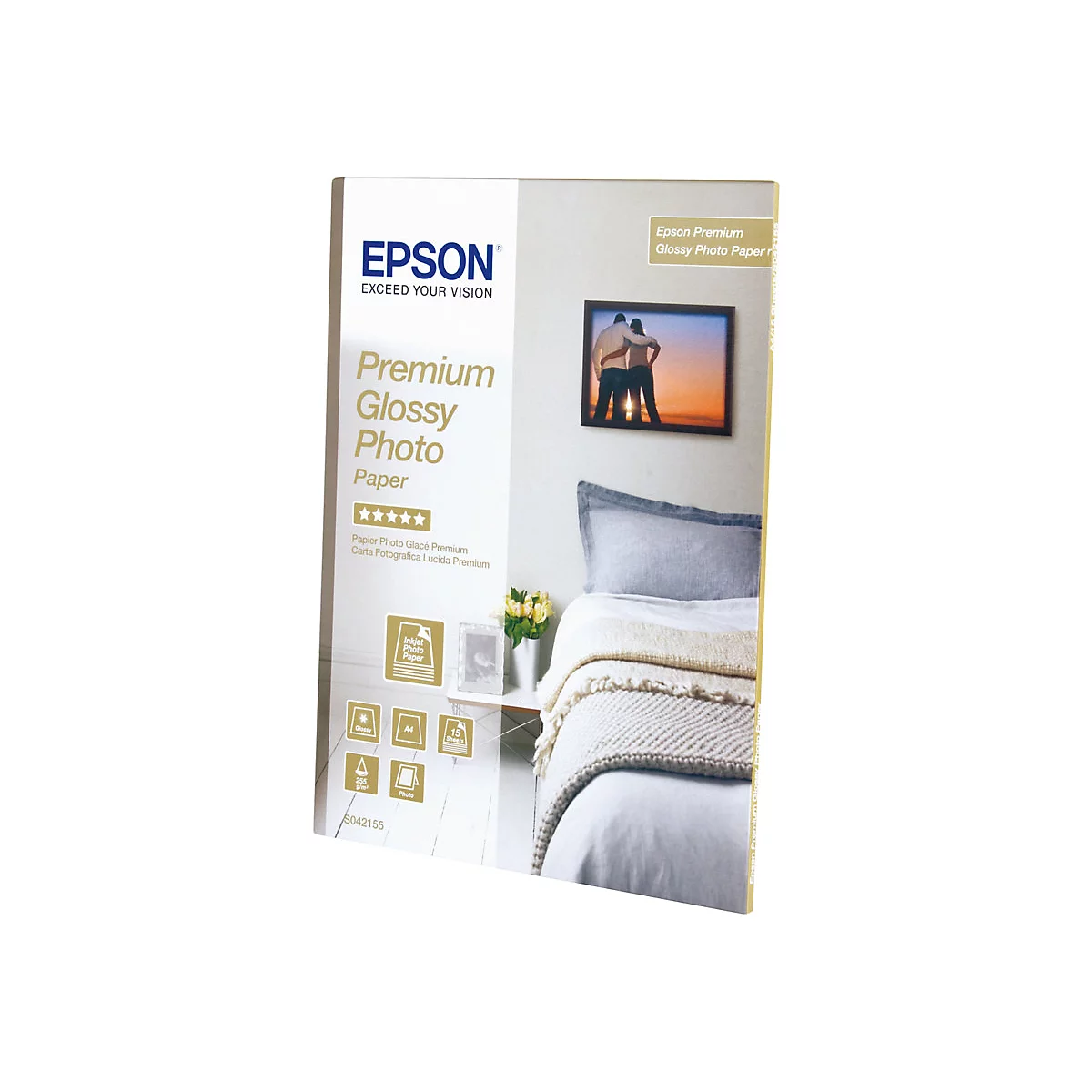 Epson Premium Glossy Fotopapier Verpackung mit einem Schlafzimmer-Motiv.