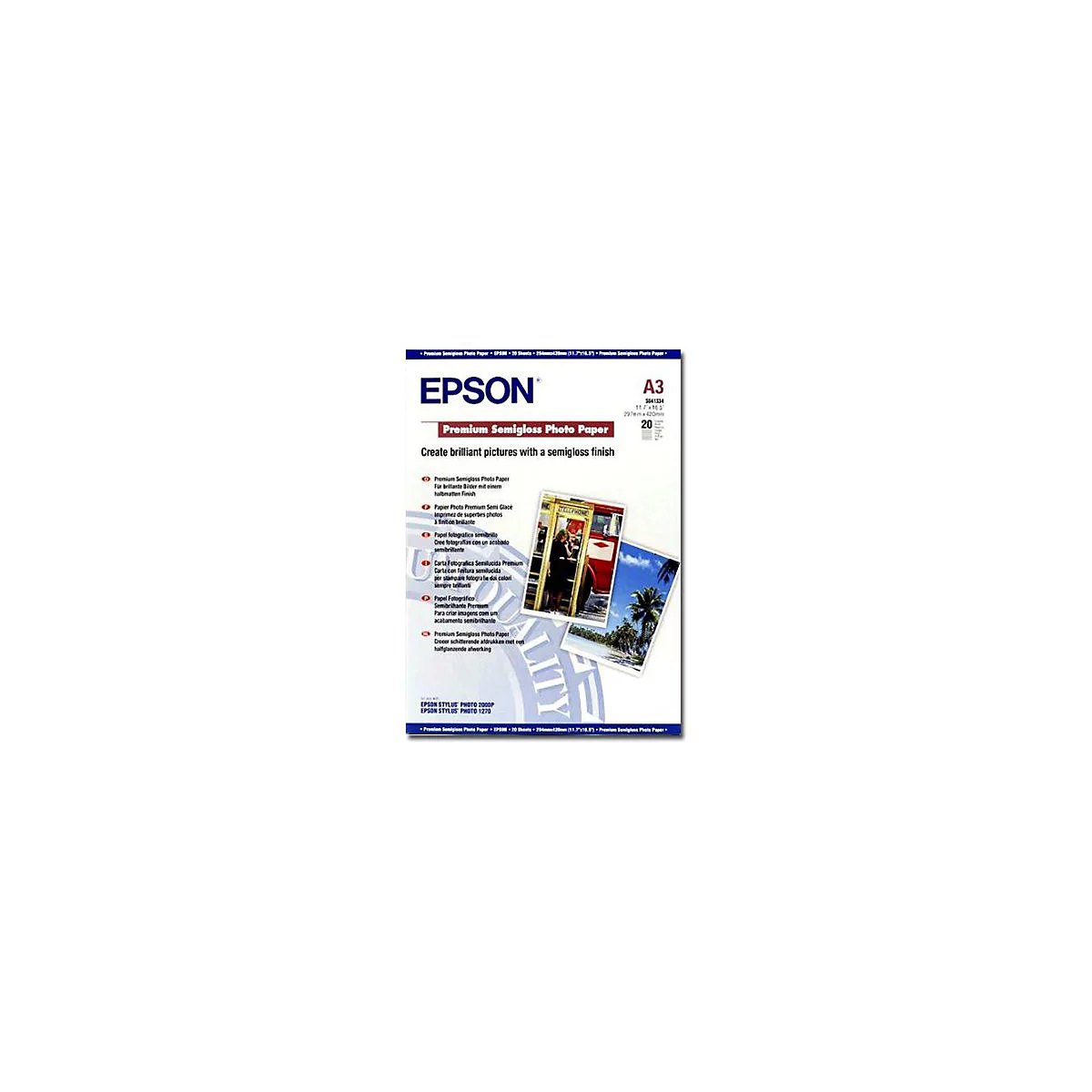 Packung Epson Premium Semigloss Fotopapier im A3-Format mit Produktinformationen und Beispielfotos.