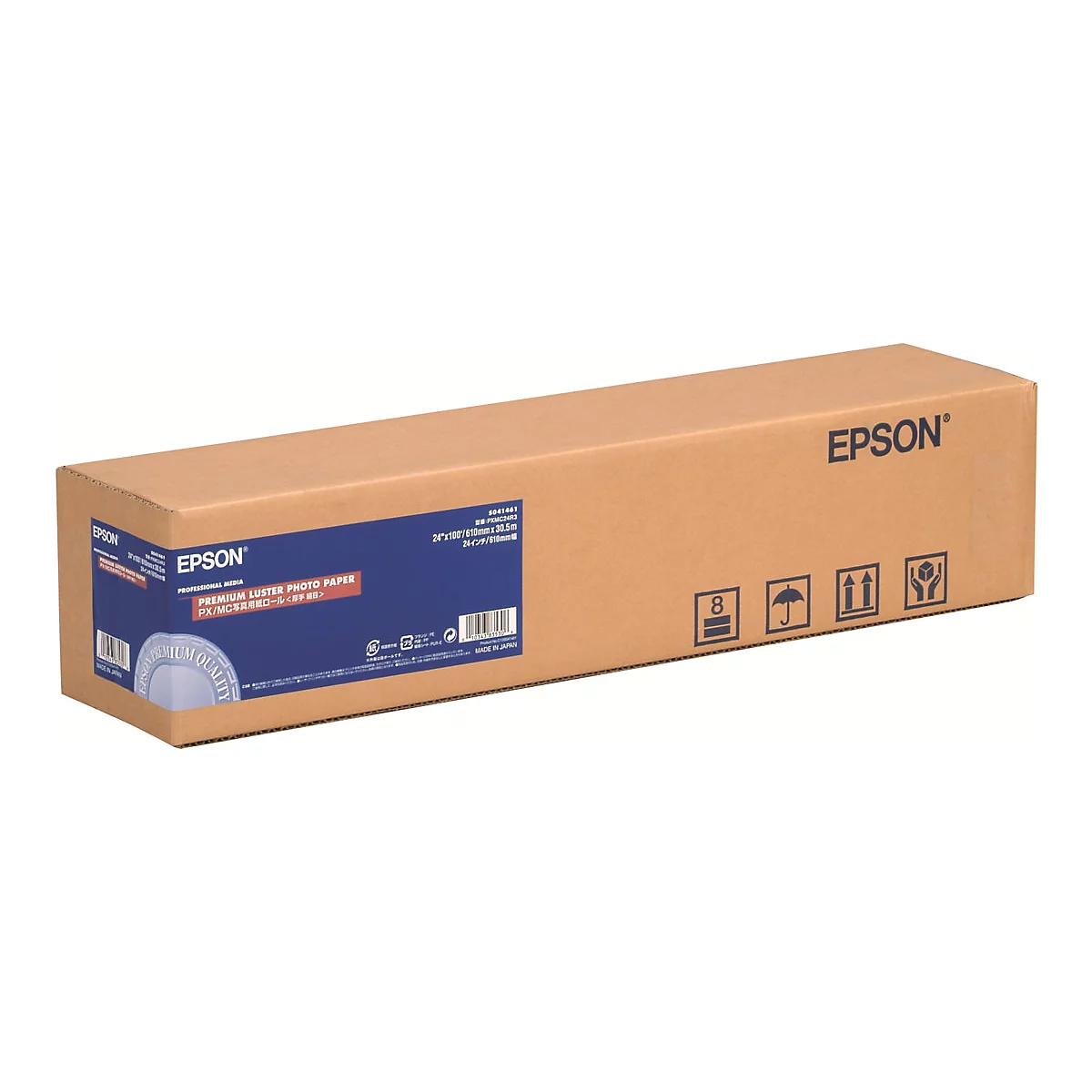 Länglicher brauner Karton mit Epson-Logo und Etikett für Premium Luster Fotopapier.