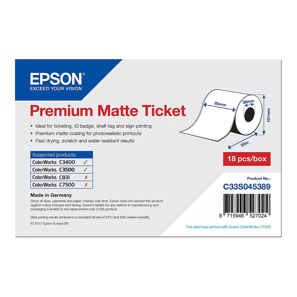 Epson Premium Matte Ticket Rollenetikett mit Spezifikationen, Produktnummer C33S045389 und Barcode.