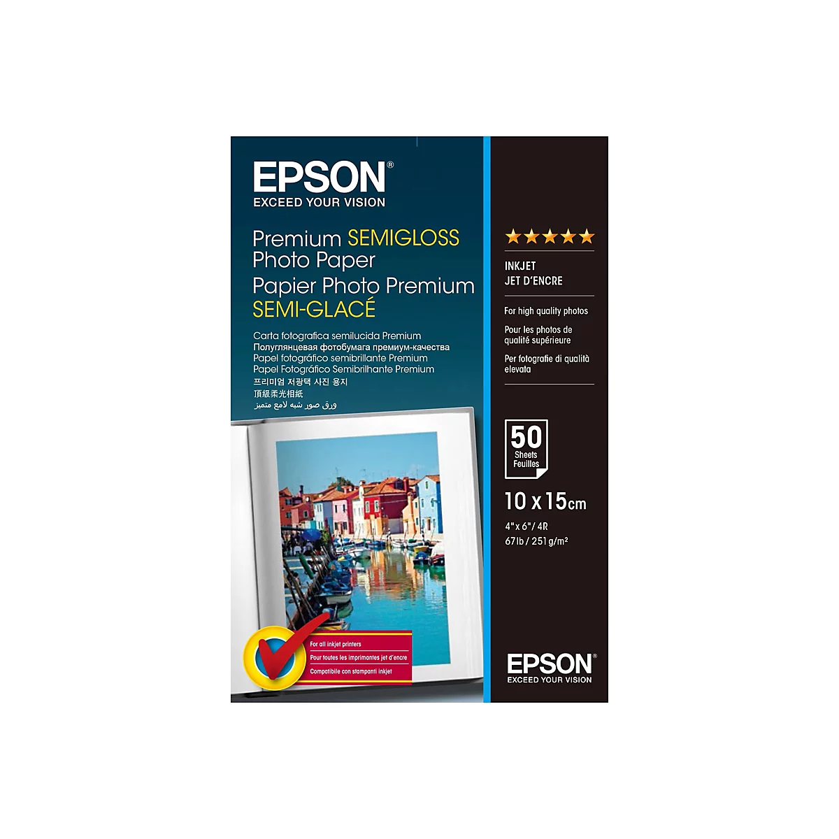 Epson Premium Semigloss Fotopapier 10x15cm, 50 Blatt, mit Produktbeschriftung und farbigem Landschaftsfoto.