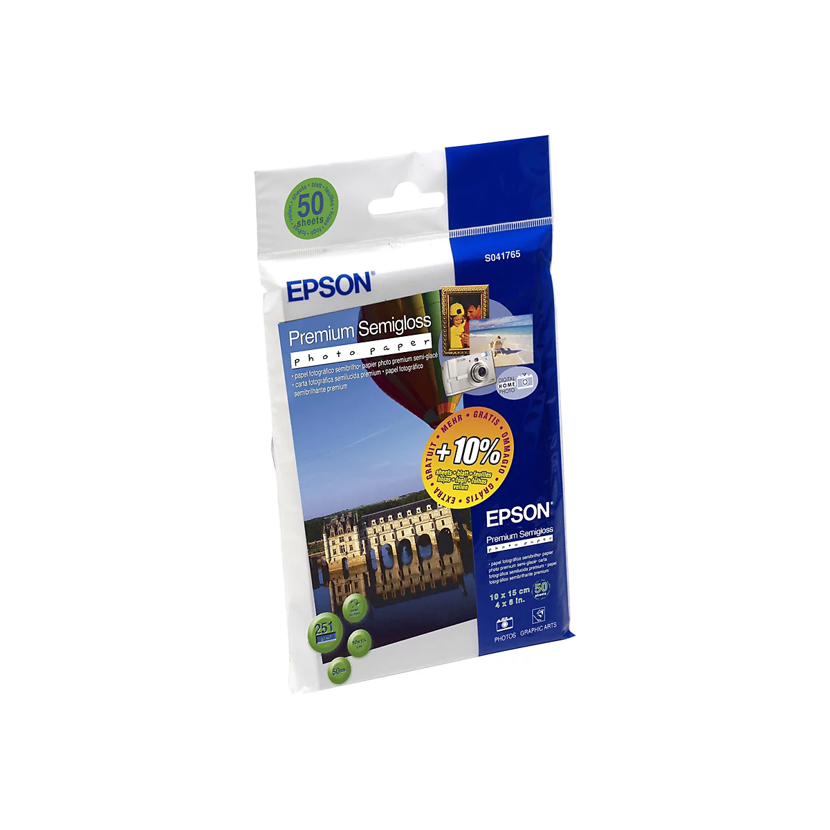 Packung Epson Premium Semigloss Fotopapier mit 50 Blatt im Format 10x15 cm.