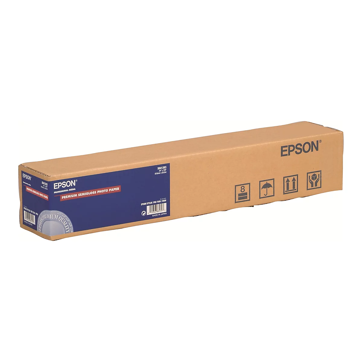 Epson Premium Semigloss Fotopapier in einem braunen Karton vor weißem Hintergrund.