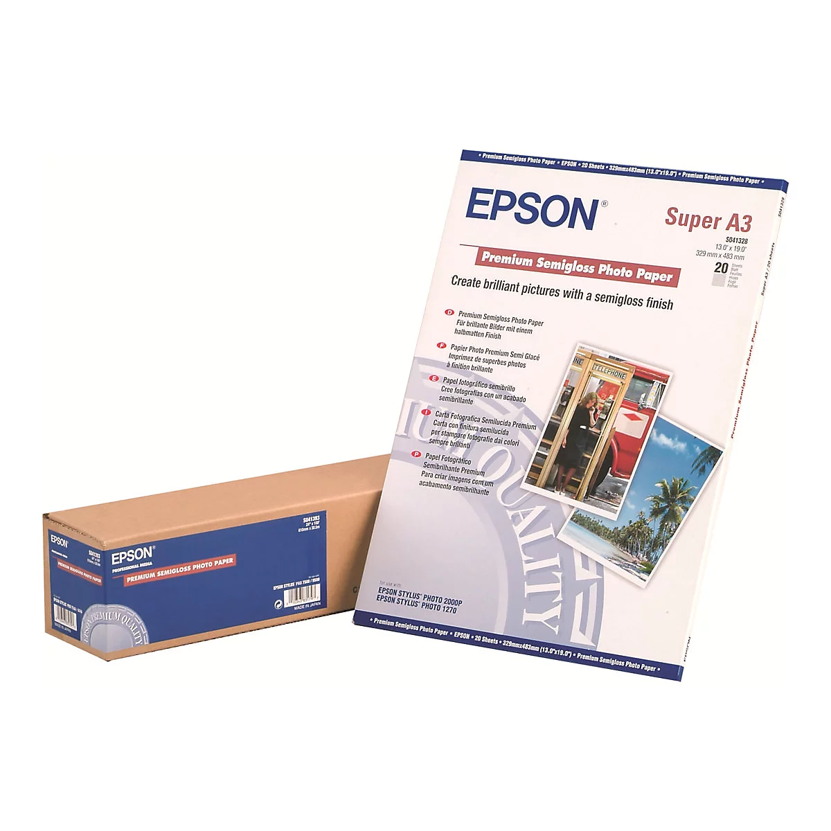 Epson Premium Semigloss Fotopapier als A3-Packung und eine Papierrolle vor weißem Hintergrund.
