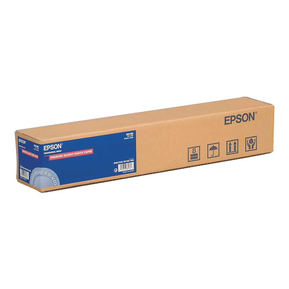 Epson Premium Glossy Fotopapier in einer länglichen braunen Pappschachtel vor weißem Hintergrund.