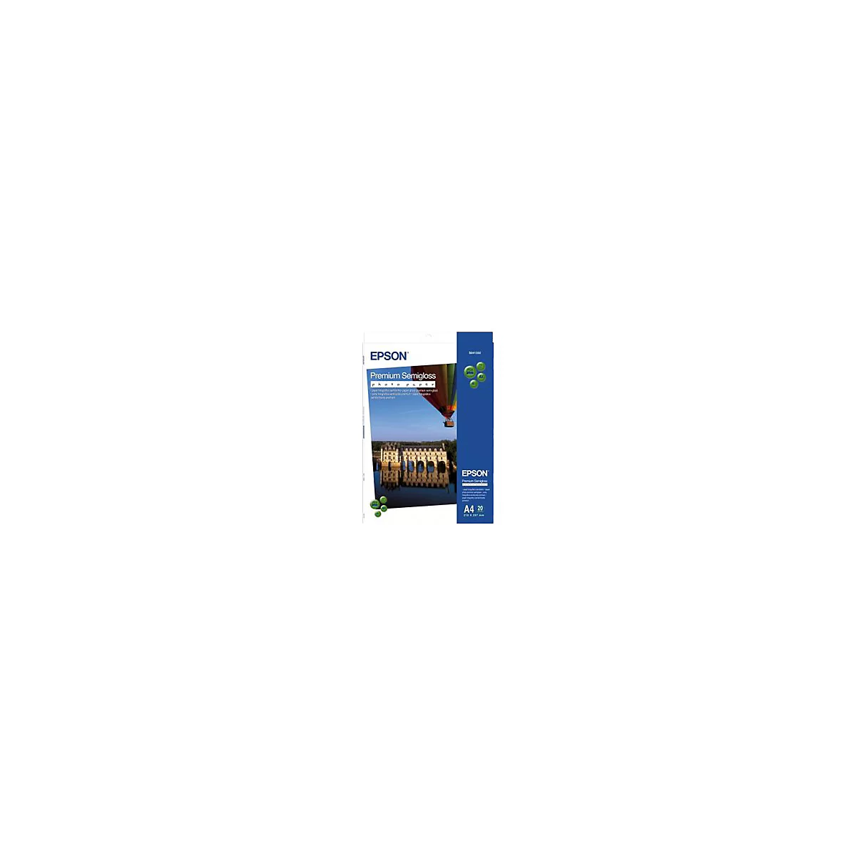 Packung Epson Premium Semigloss Fotopapier A4 mit Abbildung eines Heißluftballons und eines Schlosses.