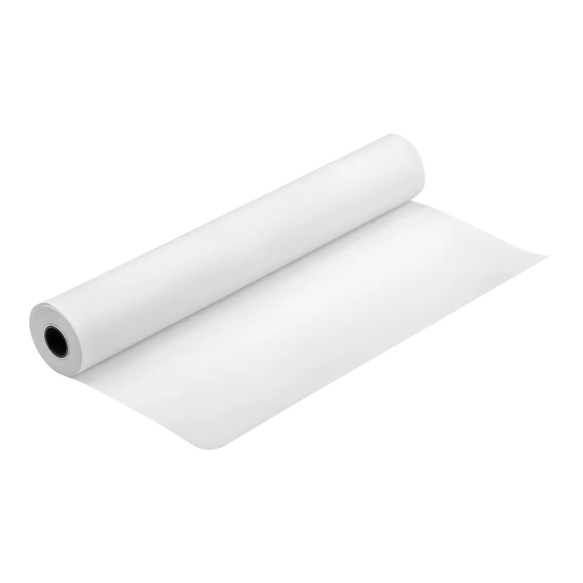 Eine Rolle weißes Papier mit einem schwarzen Kern vor einem weißen Hintergrund.