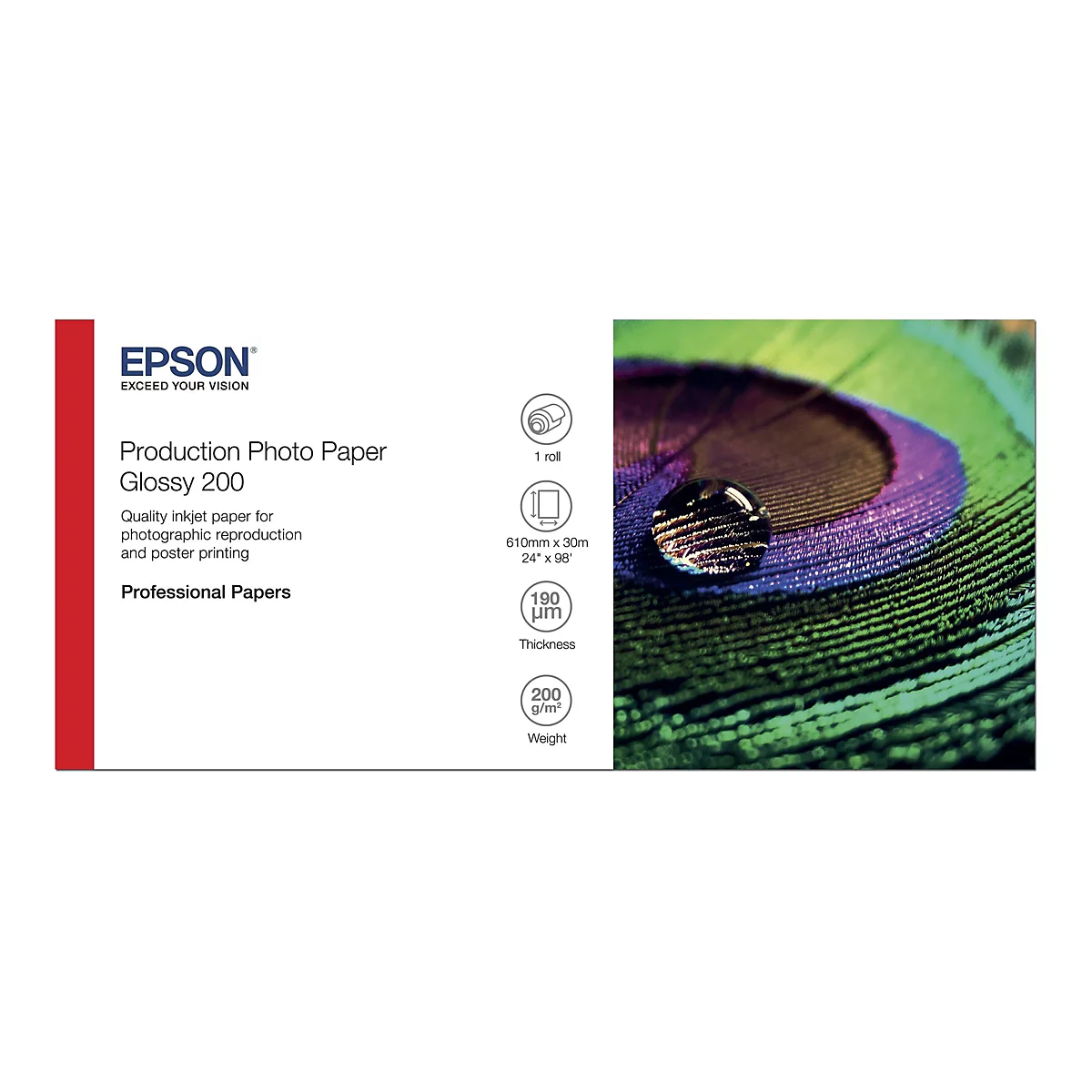 Epson Production Photo Paper Glossy 200 Rollenverpackung mit Pfauenfeder-Motiv und Produktdetails.