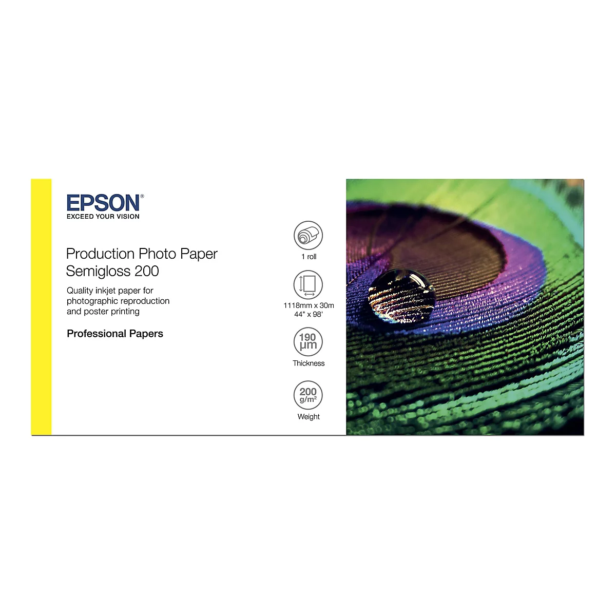 Epson Production Photo Paper Semigloss 200 Rolle mit Produktdaten und einem Pfauenfeder-Motiv.