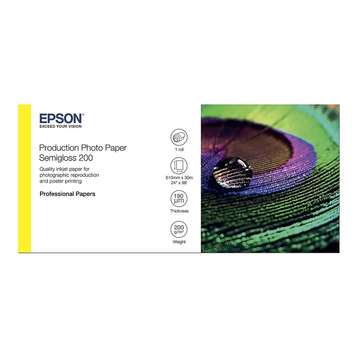 Epson Production Photo Paper Semigloss 200 Rollenverpackung mit technischen Spezifikationen und Pfauenfeder-Motiv.