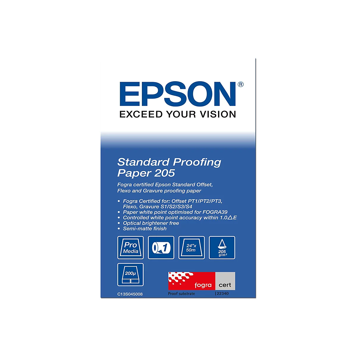 Epson Standard Proofing Paper 205 Verpackungsaufdruck mit technischen Spezifikationen und Fogra-Zertifizierung.