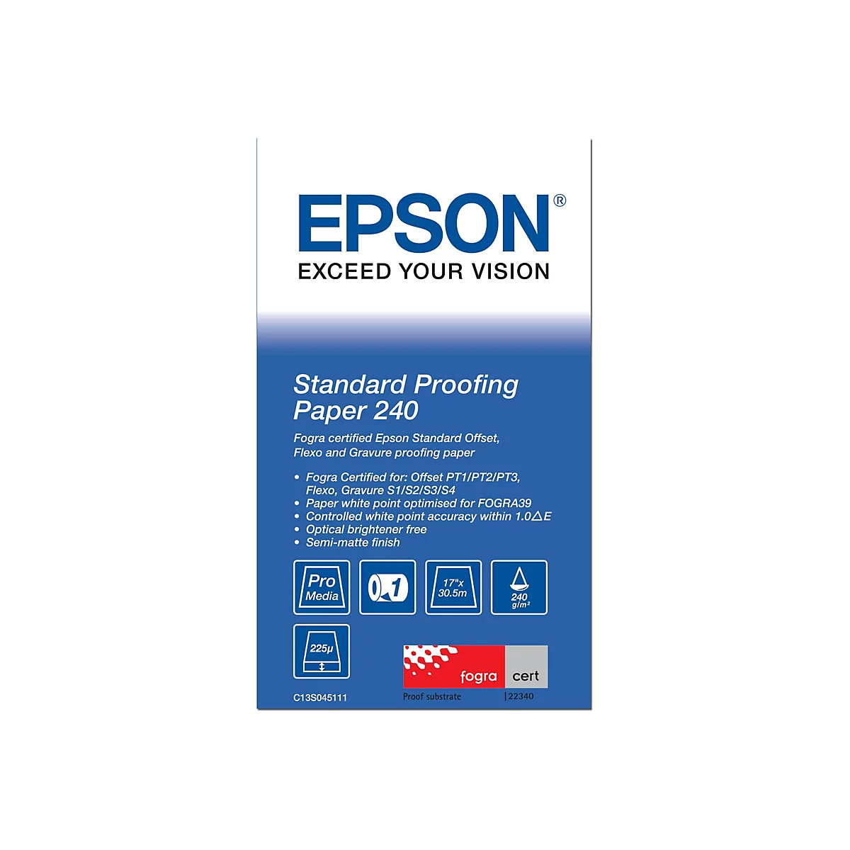 Produktetikett für Epson Standard Proofing Paper 240 mit technischen Spezifikationen und Fogra-Zertifizierung.