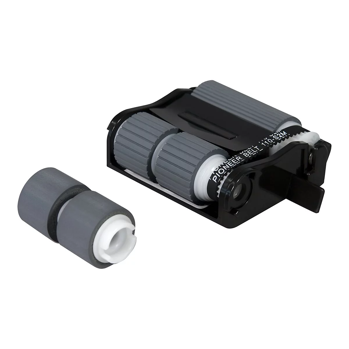Schwarz-graues Druckerzubehör, Rollen und ein Zahnriemen mit "PIONEER BELT 110-S2M" Aufdruck.