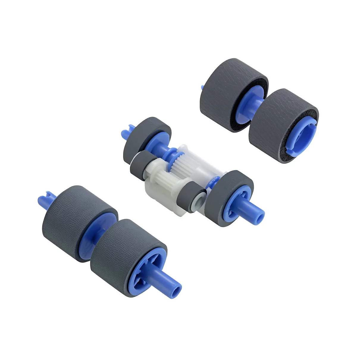 Detailaufnahme von Druckerwalzen. Graue Rollen mit blauen Kunststoffteilen und Zahnrädern, vor weißem Hintergrund.