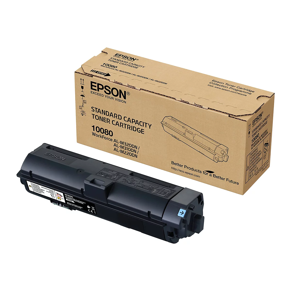Ein schwarzer Epson-Toner und eine braune Kartonverpackung vor weißem Hintergrund. Auf der Kartonverpackung steht "EPSON", "Standard Capacity Toner Cartridge" und "10080".