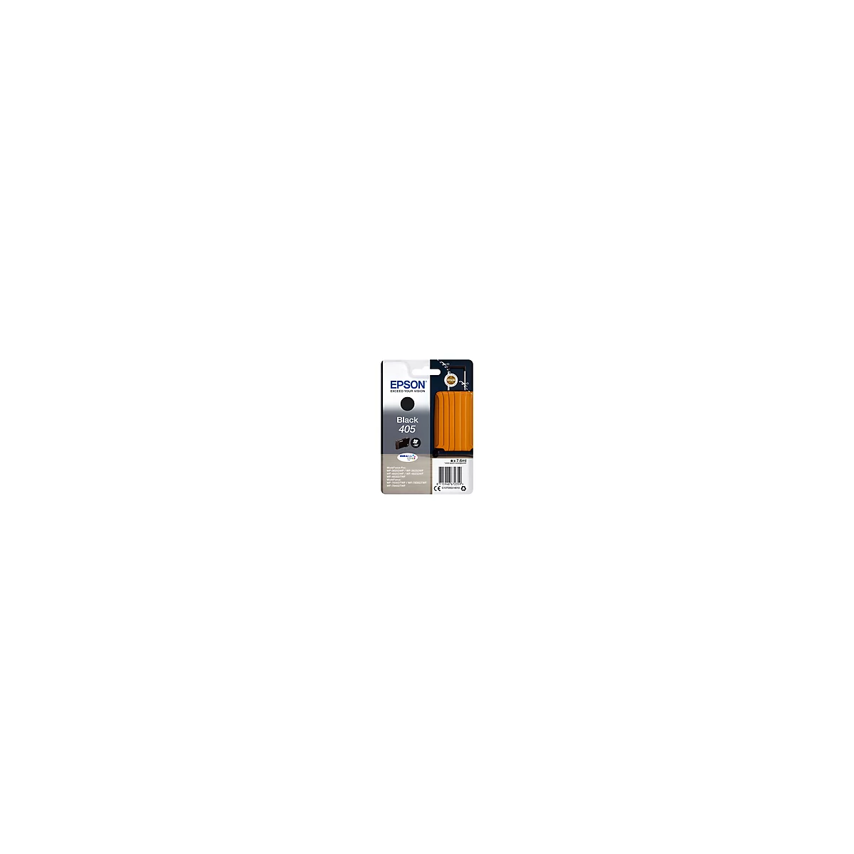 Schwarze Epson Tintenpatrone 405, neben einer orangefarbenen Koffer-Abbildung. Produkt- und Marken-Informationen.