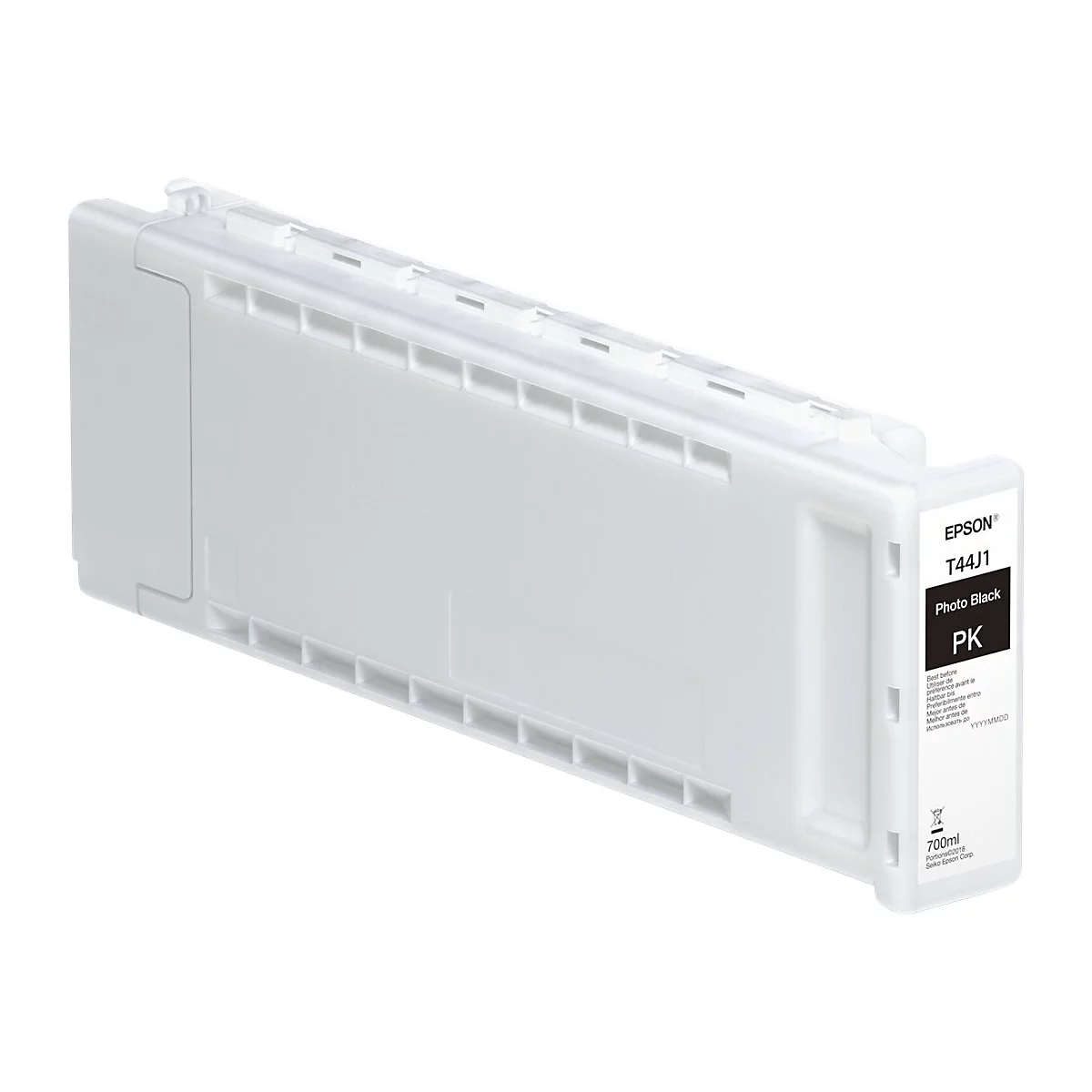 Une cartouche d'encre Epson blanche avec l'inscription "Photo Black", modèle T44J1. Elle a une capacité de 700ml.