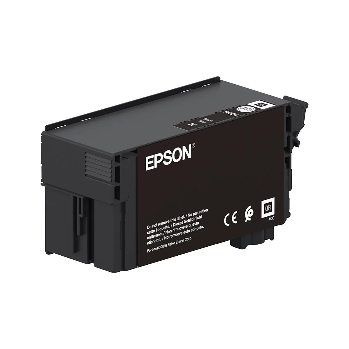 Cartouche d'encre Epson noire, nom du produit T40D1. Inscription : Epson, ne pas retirer, marquage CE, code QR.