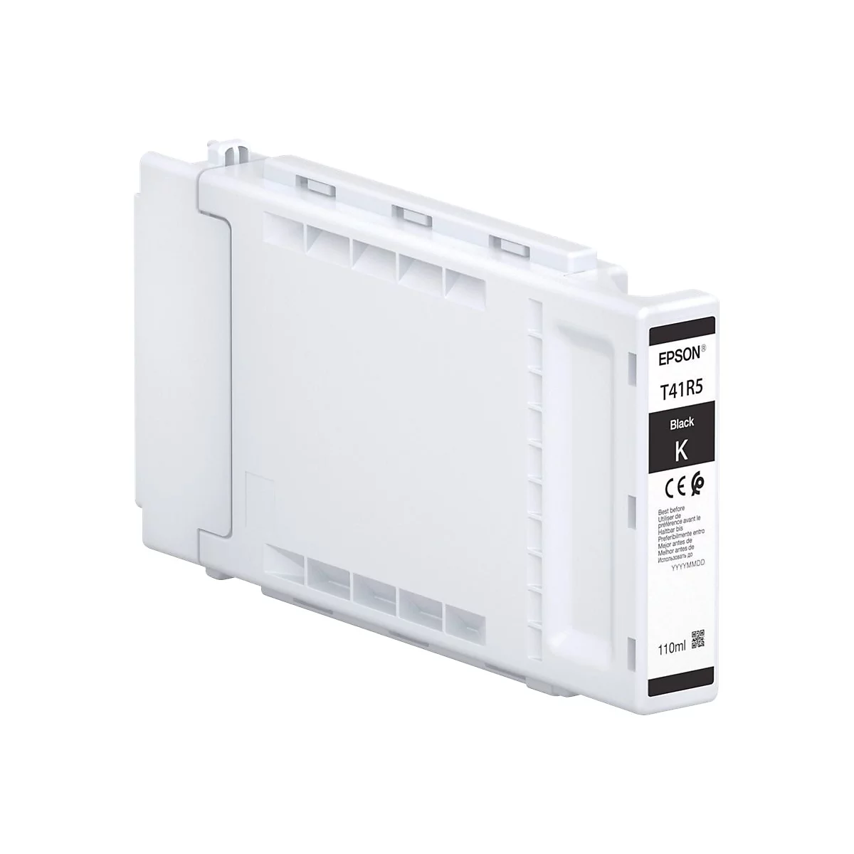 Une cartouche d'encre Epson blanche avec une étiquette noire. L'étiquette indique 'T41R5', 'Black', '110ml' et d'autres informations.